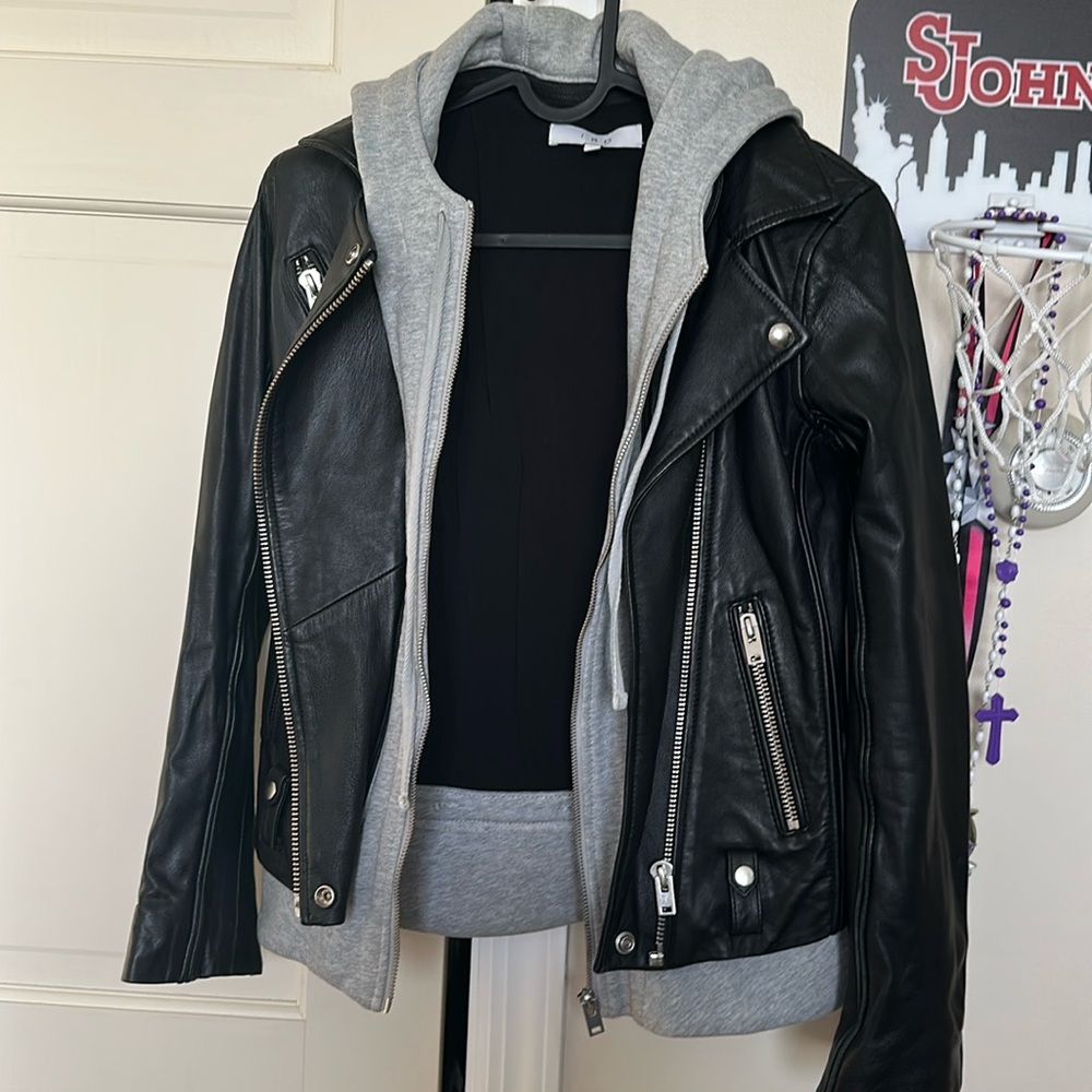 Leather IRO motor jacket with removable hoodie.